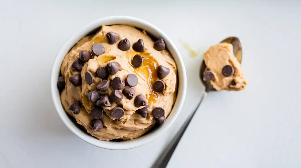 Bowl of Greek Yogurt Cookie Dough topped with chocolate chips and honey drizzle.