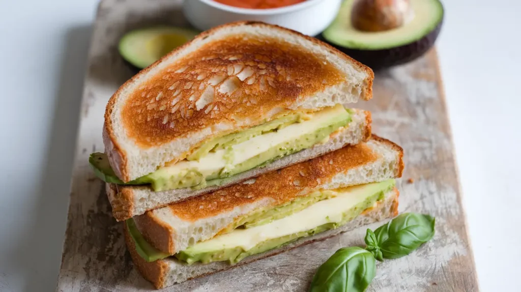 Healthy Avocado Grilled Cheese sandwich on a wooden board with fresh avocado slices and basil leaves.