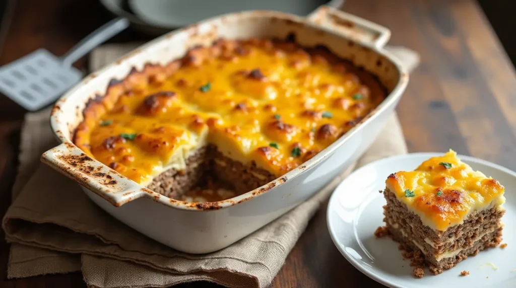 Golden baked layered beef mince and potato gratin in a white baking dish