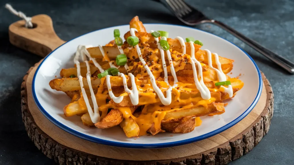 Crispy Louisiana Voodoo Fries topped with melted cheese, ranch dressing, and Cajun seasoning, served on a wooden board.