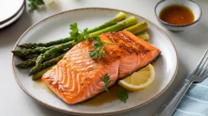 Maple Glazed Salmon with a golden-brown glaze, garnished with fresh parsley and lemon, served with roasted asparagus.