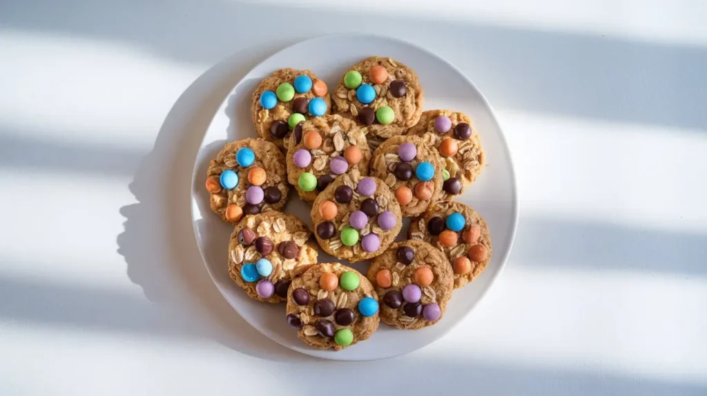 Freshly baked Peanut Butter Monster Cookies topped with chocolate chips and colorful candies on a white plate.