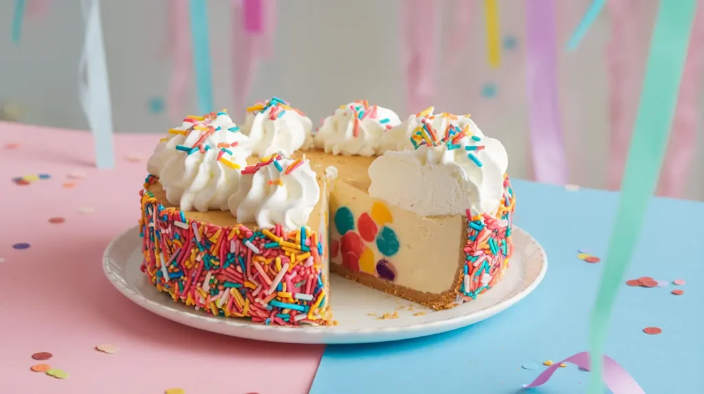 Piñata Surprise Confetti Pie with a slice removed, revealing colorful candy inside.