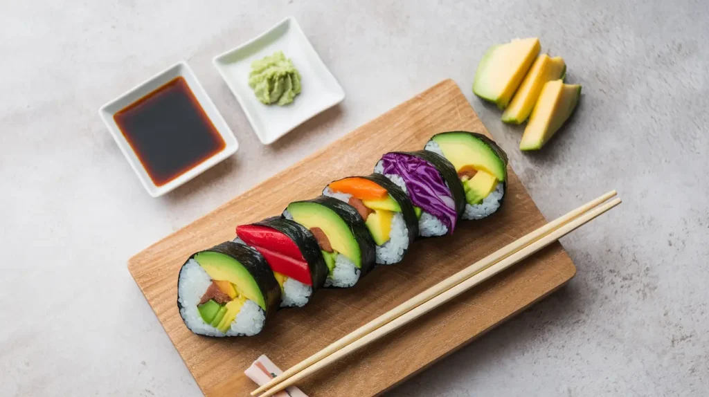 Top-down view of Rainbow Veggie Sushi Rolls on a wooden sushi board with soy sauce, wasabi, and pickled ginger on the side.