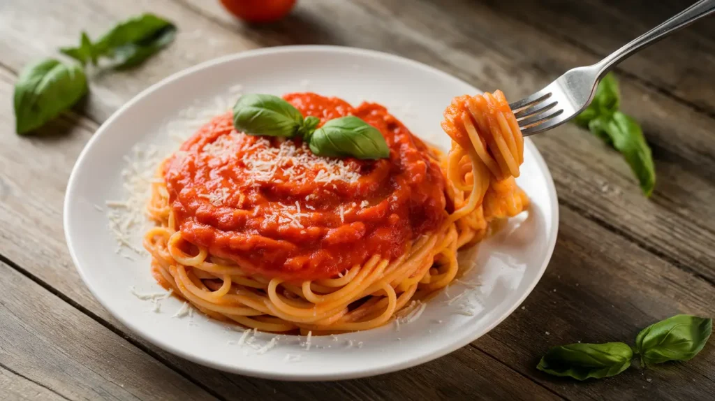 A plate of Spaghetti with Marinara Sauce garnished with fresh basil and Parmesan cheese on a rustic wooden table.