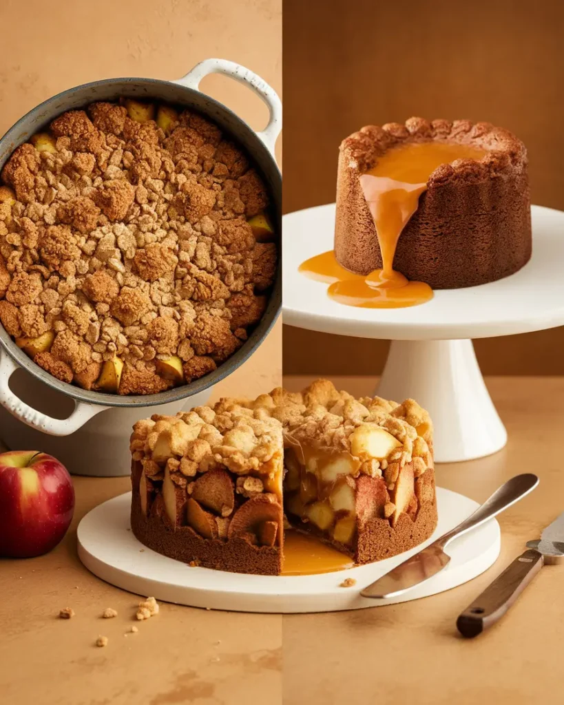 A visual history of Molten Caramel Apple Crumble Cake, featuring classic apple crumble, molten lava cake, and a fusion of both.