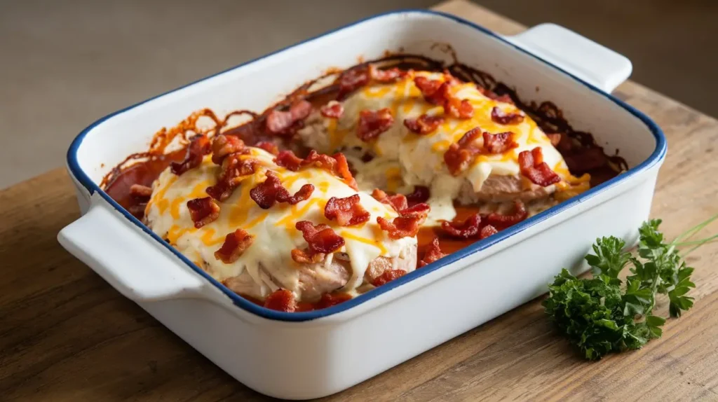 Easy Monterey Chicken Bake with melted cheese and bacon in white baking dish