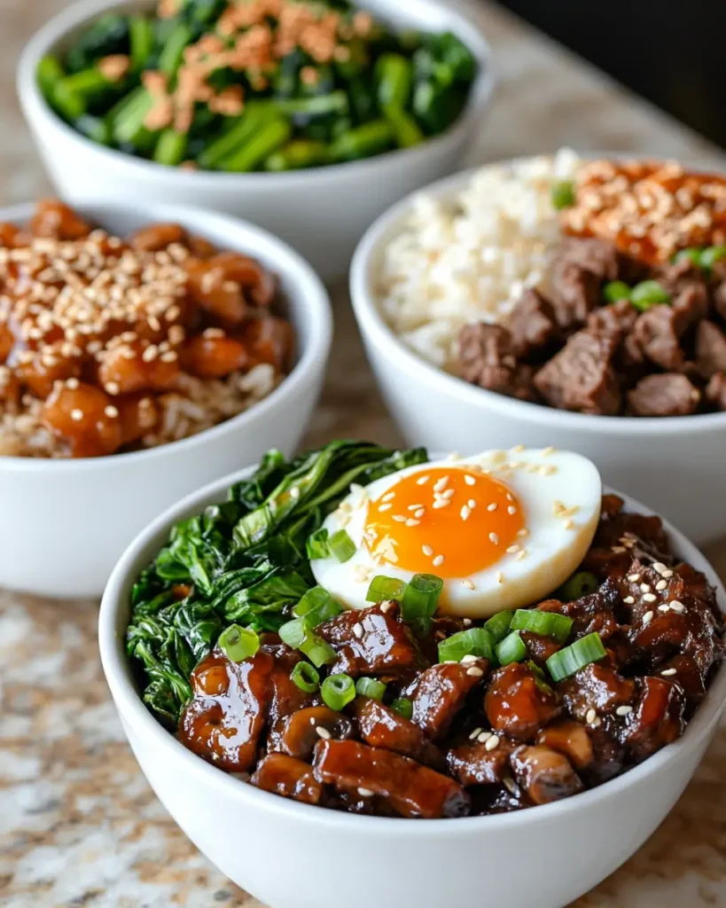 Creative variations of Honey Garlic Beef Rice Bowl in small serving bowls