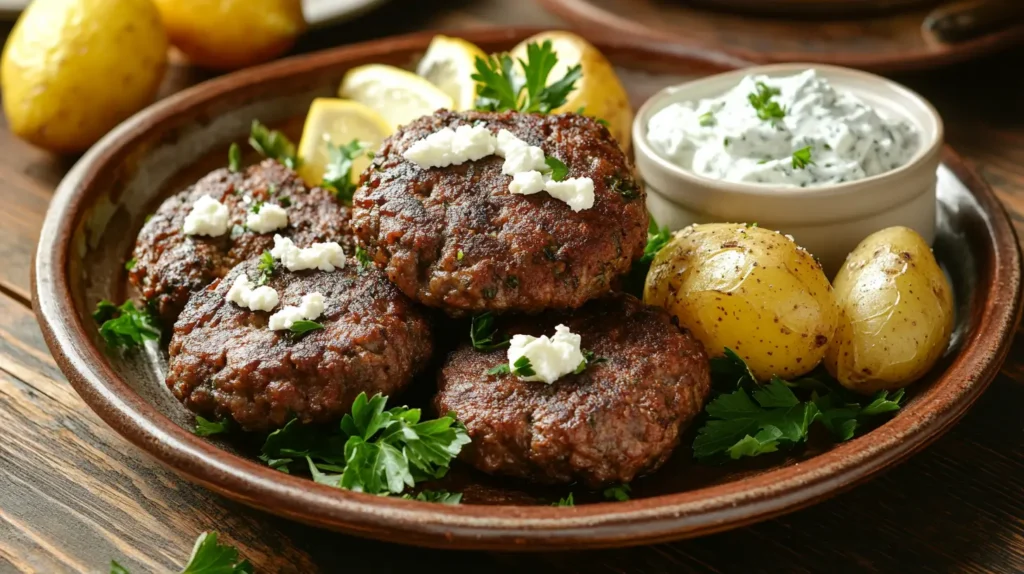 Greek bifteki recipe patties with feta, roasted potatoes, and tzatziki on a rustic plate