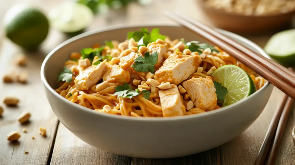 Creamy Thai chicken noodles in coconut curry sauce with lime and herbs