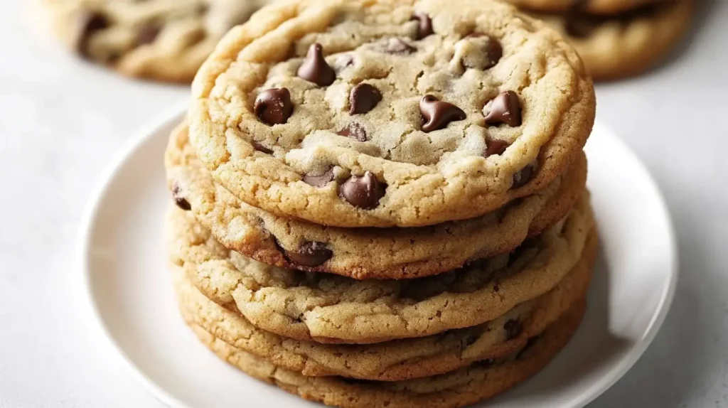 Stack of thick crumbl chocolate chip cookies on a white plate