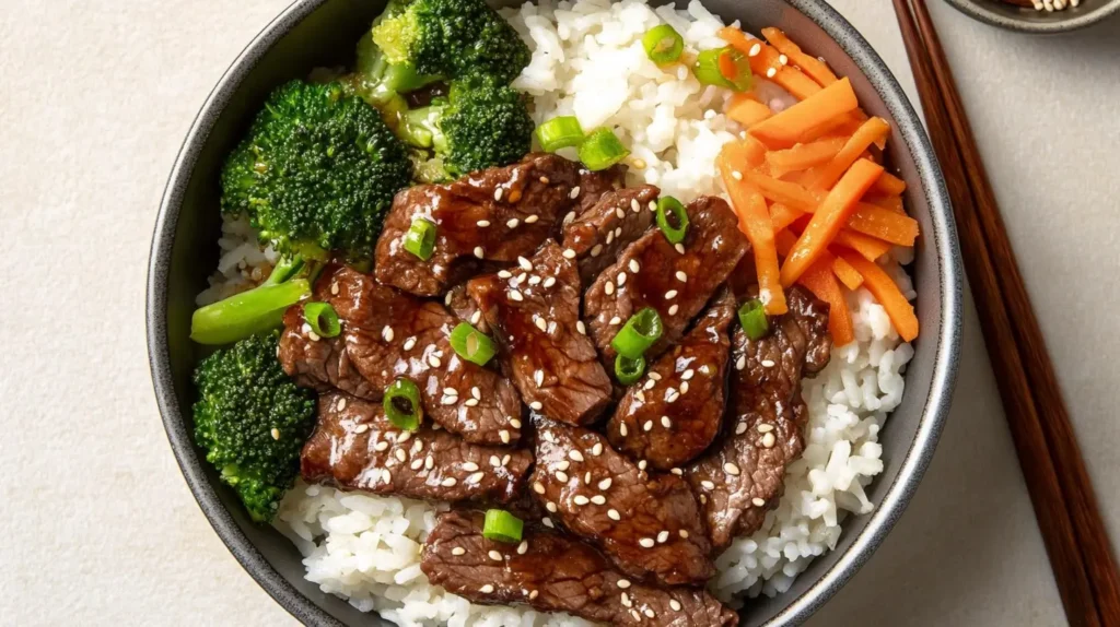 Overhead view of Honey Garlic Beef Rice Bowl with vegetables and sesame seeds