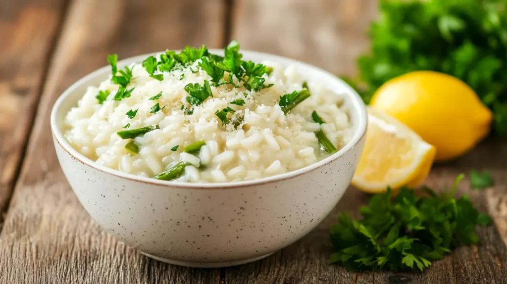 Creamy asparagus risotto with Parmesan and herbs in a white bowl