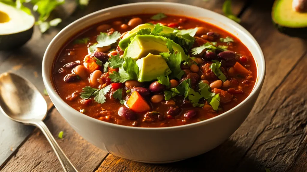A bowl of sweet potato chili topped with avocado and fresh cilantro on a wooden table.