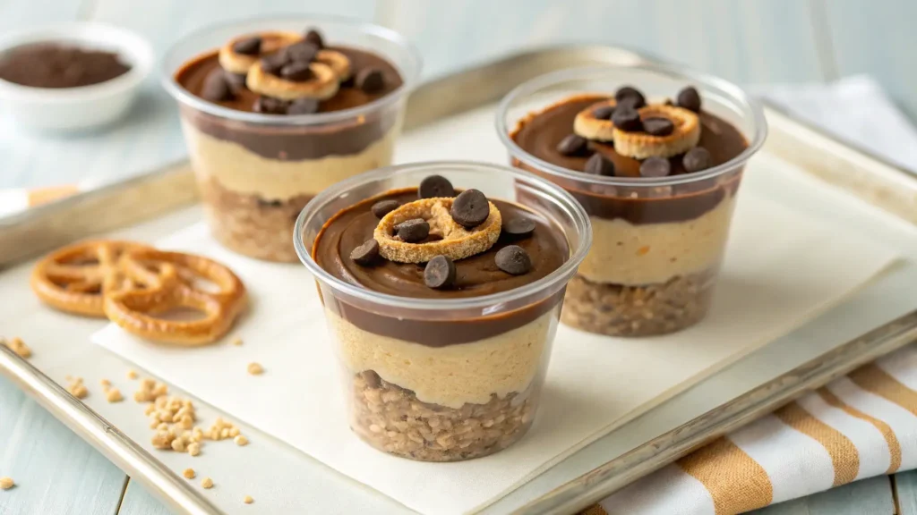 Mini peanut butter pretzel protein cups with chocolate topping in clear dessert cups