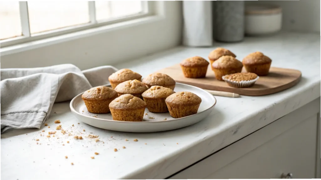 Banana bread mini muffins on a white plate with soft natural light