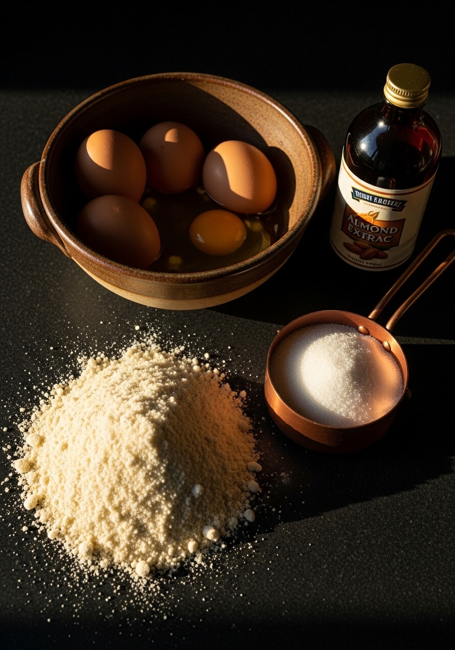 An artistic arrangement of raw ingredients for Almond Cloud Cookies on a dark soapstone countertop. Room temperature eggs in a rustic pottery bowl, a pile of finely ground almond flour, a small copper measuring cup with granulated sugar, and a bottle of almond extract, all illuminated by dramatic late afternoon light with deep shadows. The focus is on the beautiful, raw state of the ingredients, conveying a sense of timeless preparation. No hands or people.