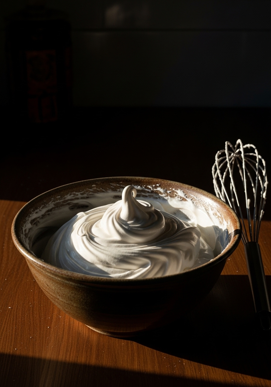 An action shot focusing on a large, rustic ceramic bowl filled with glossy, stiff-peaked meringue for Almond Cloud Cookies, perfectly whipped, on a dark wood countertop. The dramatic, late afternoon light casts deep shadows, highlighting the airy volume and texture of the meringue. A copper whisk rests gently against the bowl. The scene evokes a passionate artisan's workspace. No hands or people.