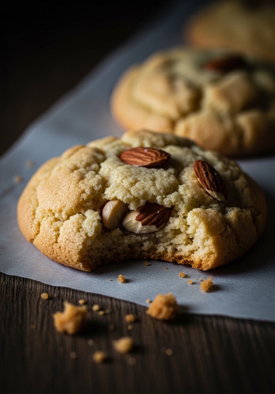A super close-up detail shot of a freshly baked Almond Cloud Cookie, showcasing its delicate, slightly crisp, golden-brown exterior and the visible almond pieces within its airy, chewy interior. The cookie rests on a piece of parchment paper on a dark wood countertop, with moody, dramatic lighting creating rich colors and deep shadows, emphasizing the texture and deliciousness. A few artful crumbs are visible, adding to the authentic, lived-in feel. No hands or people.