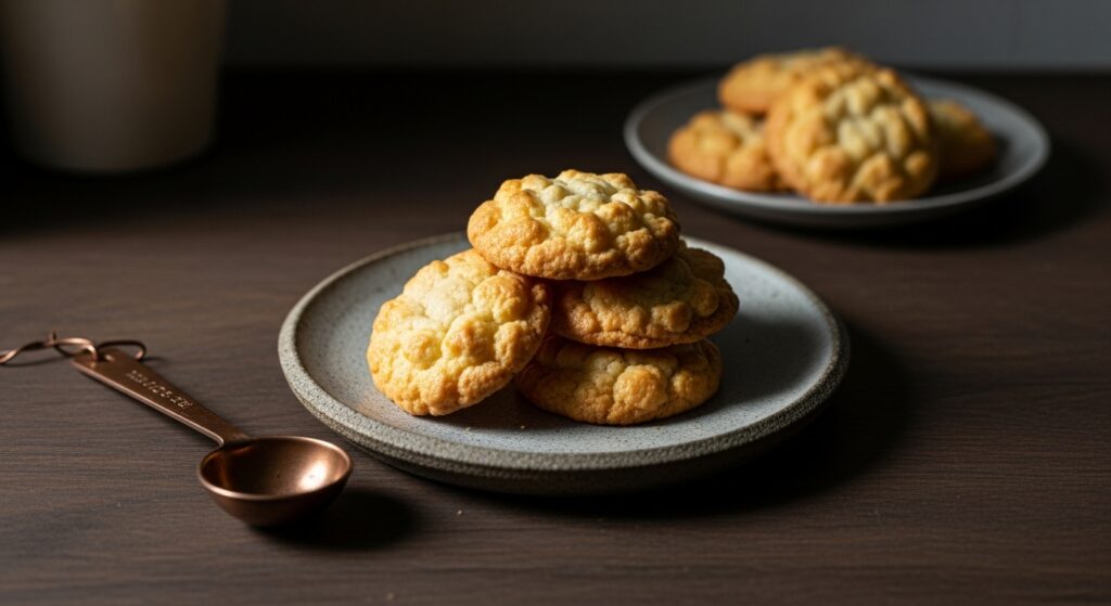 A beautifully styled hero shot of a small stack of golden-edged Almond Cloud Cookies on a rustic, artisanal stoneware plate, placed on a dark wood countertop. The scene is bathed in moody, dramatic late afternoon light with deep shadows, showcasing rich colors and the delicate texture of the cookies. A vintage copper measuring spoon is artfully placed nearby, adding to the sophisticated, aspirational feel of a passionate artisan's workspace. No hands or people.