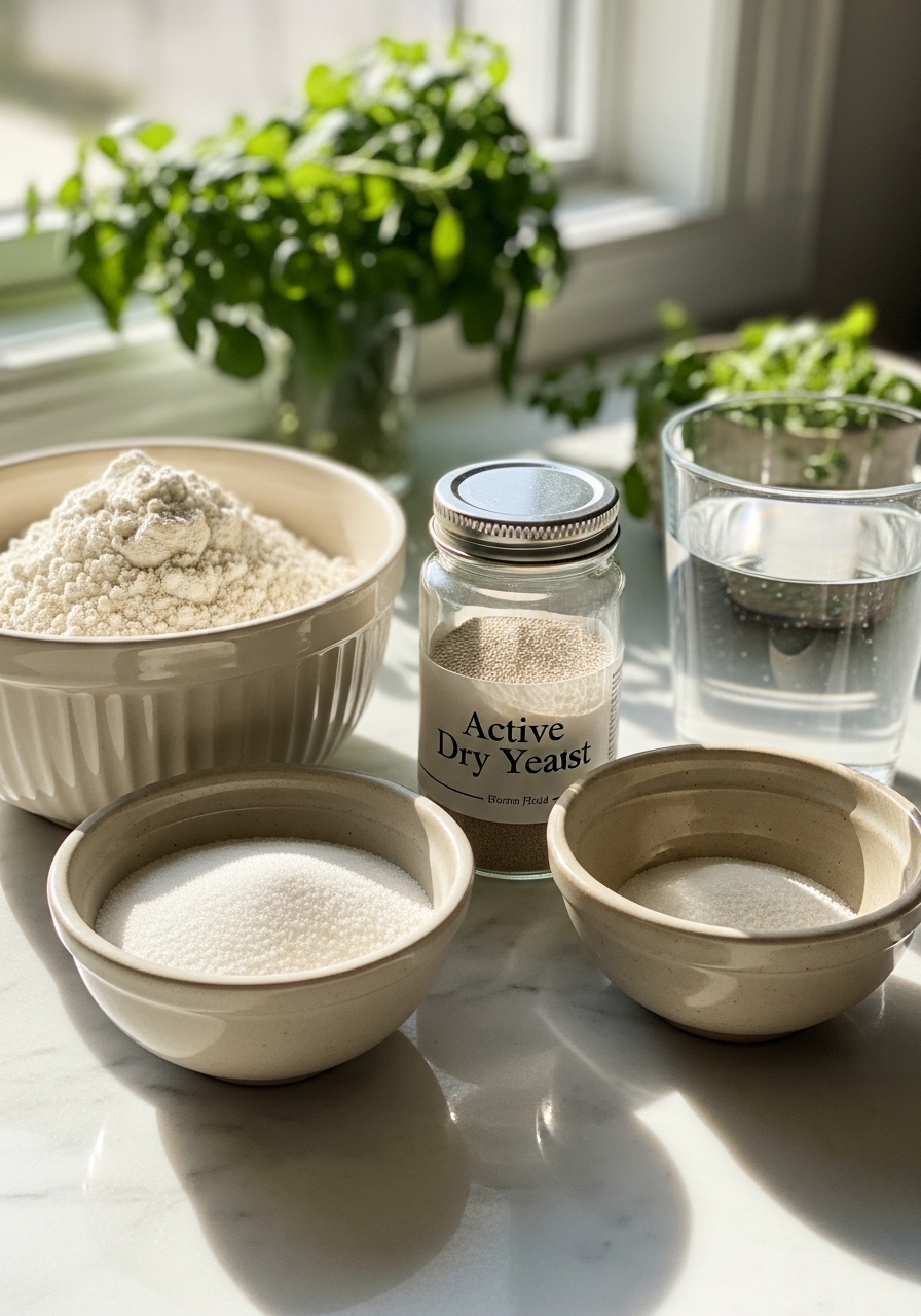 A 3:4 shot of key ingredients for Amish White Bread laid out on the white marble countertops: a ceramic bowl of all-purpose flour, a small glass jar of active dry yeast, a ceramic bowl of granulated sugar, and a glass of warm water. Fresh green herbs are subtly visible in the soft-focused background, all illuminated by natural morning light, creating warm tones and soft shadows. No hands are visible.