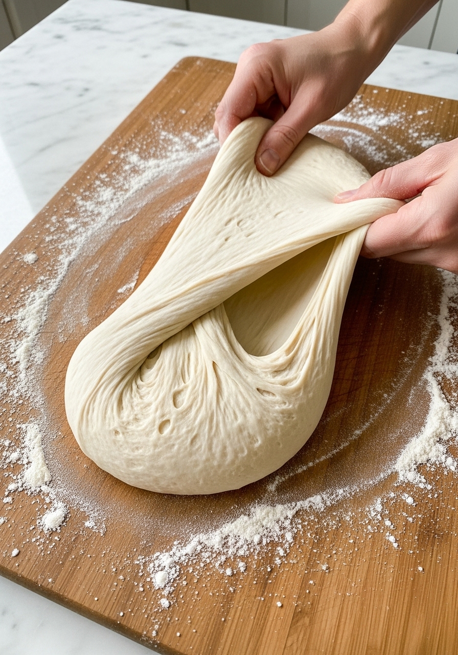 A 3:4 action shot focused on the texture of Amish White Bread dough being gently folded and stretched on the signature wooden cutting board, with a light dusting of flour around it. The dough appears smooth and elastic, ready for its first rise. The background shows the white marble countertops and a hint of natural morning light. No hands are visible.
