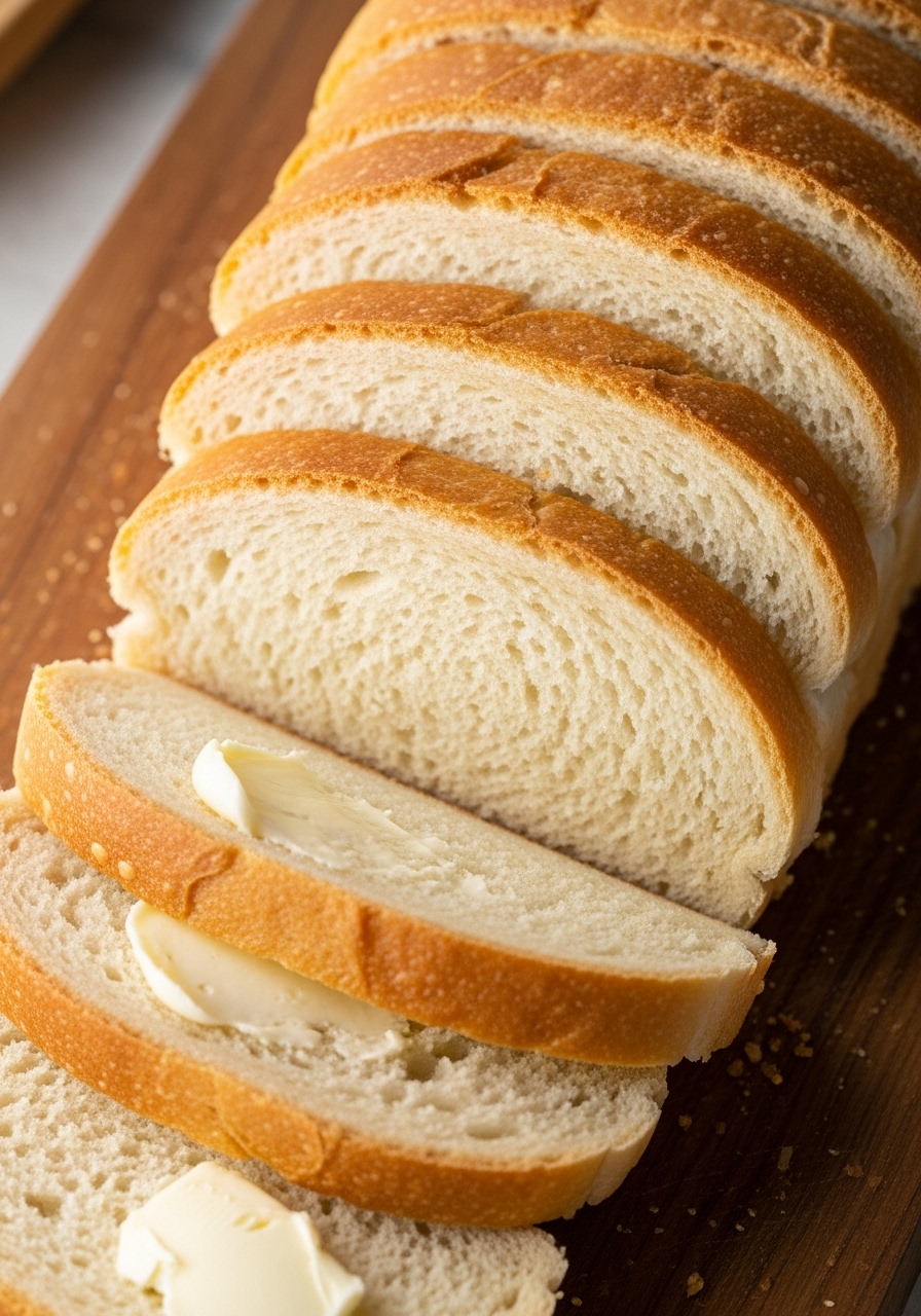 A tight 3:4 close-up detail shot of several slices of golden-crusted Amish White Bread, fanned out on the signature wooden cutting board. The focus is on the soft, uniform white crumb and the perfectly baked golden crust, showing subtle texture and inviting warmth. Natural morning light casts gentle shadows, and a small amount of butter is artfully smeared on one slice. No hands are visible.