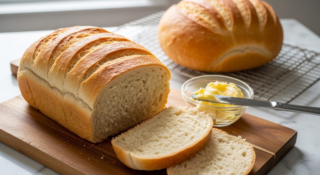 A beautifully composed 16:9 hero shot of a golden-brown loaf of Amish White Bread, partially sliced to reveal its soft, airy crumb, resting on the signature wooden cutting board. A small clear glass dish of creamy yellow butter with a spreader is beside it. In the background, on the white marble countertops, another whole loaf of Amish White Bread cools on a wire rack. The scene is bathed in soft natural morning light from the east window, with subtle warm tones and gentle shadows, capturing a clean and tidy yet inviting homemade feel. No hands are visible.