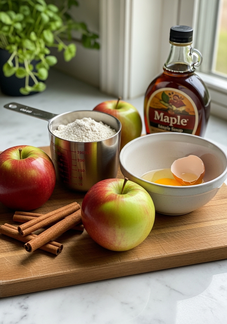 A vivid 3:4 shot of key ingredients for apple cinnamon pancakes. Fresh, whole red and green apples are artfully arranged alongside cinnamon sticks, a measuring cup of flour, a cracked egg in a ceramic bowl, and a bottle of rich maple syrup. All elements are neatly displayed on the brand's wooden cutting board, which rests on marble countertops. Natural morning light streams from an east window, casting soft shadows. Fresh herbs are subtly visible in the background, without any hands or people.