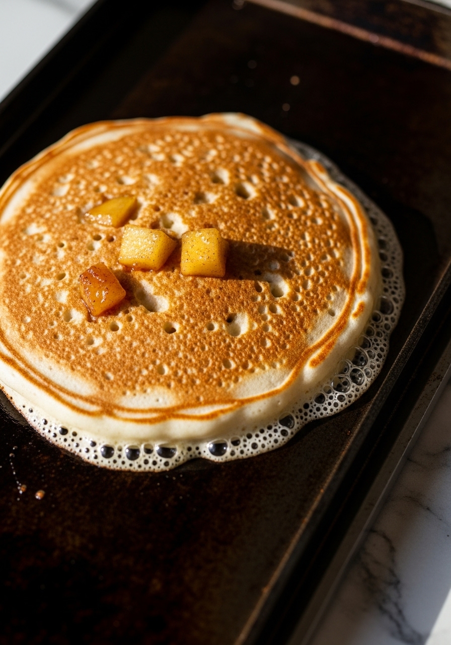 A close-up, engaging 3:4 action shot capturing the moment a fluffy apple cinnamon pancake is cooking on a griddle (griddle edge visible), just starting to bubble around the edges. A small scattering of caramelized apple chunks are visible in the batter. The scene is bathed in natural morning light on marble countertops, creating warm tones and soft shadows. The focus is on the delicious transformation of the batter into a golden-brown pancake, without any hands or people.