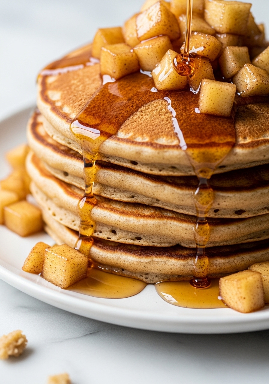 An inviting 3:4 extreme close-up detail shot of a stack of golden-brown, fluffy apple cinnamon pancakes. The shot highlights the texture of the pancakes, the soft, glistening caramelized apple chunks on top, and the rich amber syrup gracefully dripping down the sides. The pancakes are on a minimalist white plate, resting on marble countertops, with natural morning light emphasizing the deliciousness and warmth. There are a few artful crumbs around the base of the plate, adding to the authentic, lived-in kitchen feel, without any hands or people.