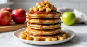 A beautifully composed 16:9 hero shot of a tall stack of golden-brown, fluffy apple cinnamon pancakes, generously topped with glistening caramelized apple chunks and a thick, rich amber maple syrup dripping down the sides. The pancakes are presented on a minimalist white plate, resting on marble countertops with subtle wooden accents. The scene is illuminated by natural morning light from an east window, creating soft, warm shadows. In the soft background, fresh red and green apples are visible, enhancing the autumnal theme. The presentation is clean and tidy, embodying a genuine love for the process, without any hands or people.