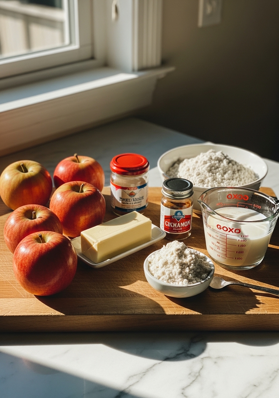 A rustic collection of key ingredients for Sweet Apple Fritter Cake arranged on the same wooden cutting board, bathed in natural morning light from an east window. Visible items include fresh, unpeeled apples (such as Honeycrisp or Granny Smith), a stick of butter, a bowl of flour, a small jar of cinnamon, and a measuring cup of buttermilk. The marble countertop provides a clean background, with soft shadows and warm tones enhancing the cozy atmosphere. No hands are visible.