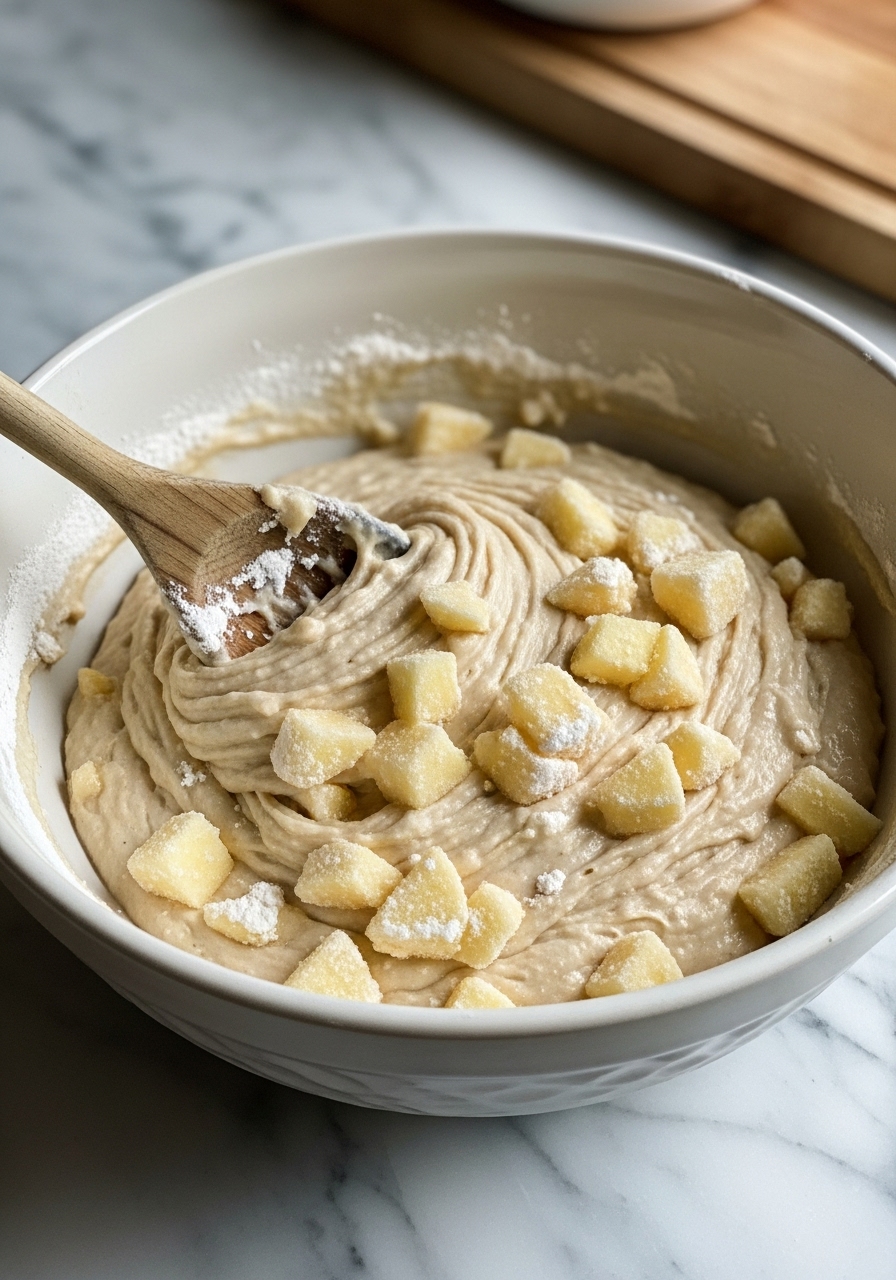 An action shot focusing on the texture of the Sweet Apple Fritter Cake batter in a ceramic bowl on the marble countertop. The batter is thick and speckled with generously diced, flour-coated apple chunks being gently folded in with a wooden spoon. Natural morning light creates soft shadows, highlighting the moist consistency of the batter. A clean, tidy kitchen with a hint of the same wooden cutting board in the background, exuding a genuine love for the process. No hands are visible.