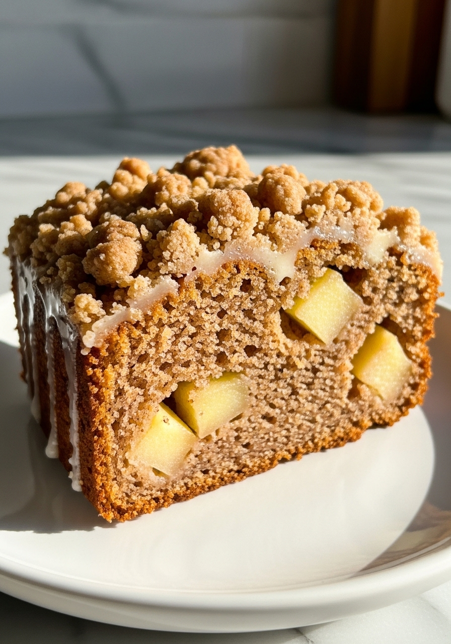 A close-up, slightly angled shot of a warm slice of Sweet Apple Fritter Cake on a minimalist white plate, capturing the intricate details of its golden-brown, crumbly cinnamon streusel topping and the glistening, light vanilla glaze that has seeped into the cake. Tender, light yellow-brown apple pieces are clearly visible within the moist, spiced cake crumb. The soft natural morning light illuminates the texture, creating warm tones and inviting shadows. The background subtly features the marble countertop and a hint of a wooden accent, emphasizing the clean, lived-in kitchen feel. No hands are visible.