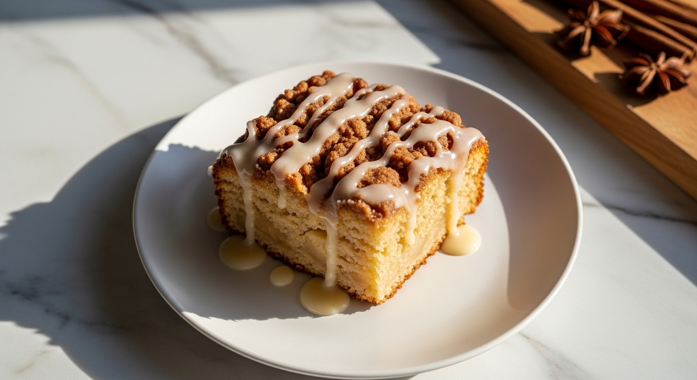 A beautifully composed, slightly overhead shot of a single slice of warm Sweet Apple Fritter Cake on a minimalist white plate, generously drizzled with a shiny, translucent light vanilla glaze, with visible tender apple chunks and a golden-brown cinnamon streusel topping. The cake sits on a marble countertop with soft natural morning light from an east window, casting warm tones and gentle shadows. A corner of the same wooden cutting board is subtly visible in the background, alongside a small sprig of fresh cinnamon sticks or star anise. The presentation is clean, tidy, and inviting, emphasizing the cake's delicious, moist texture without any visible hands.