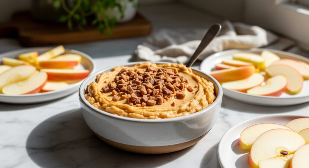 A mouth-watering, beautifully styled 16:9 hero shot of the finished Apple Toffee Dip in a rustic ceramic bowl, garnished with a generous sprinkle of toffee bits, surrounded by artfully arranged, crisp apple slices on minimalist white plates. The scene is set on marble countertops with subtle wood accents, bathed in natural morning light from an east window, creating soft shadows and warm tones. Fresh herbs are visible in the soft background, maintaining a clean and tidy presentation with genuine love for the process.