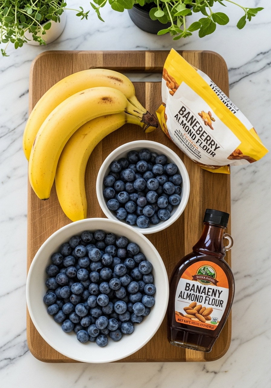An overhead shot of key ingredients for banana blueberry almond flour muffins: very ripe bananas, a bowl of fresh blueberries, a bag of almond flour, and a bottle of maple syrup, all arranged on the wooden cutting board on marble countertops under natural morning light. Fresh herbs are visible in the background, adding a touch of green. The composition is clean and tidy. NO HANDS.