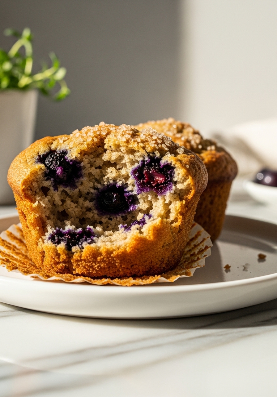 A delectable close-up 3:4 shot of a perfectly baked banana blueberry almond flour muffin, split open slightly to reveal its moist, tender crumb and bursting blueberries. A subtle sprinkle of coarse sugar on top adds texture. It rests on a minimalist white plate on the marble countertop, with warm tones and soft natural morning light highlighting its irresistible appeal. Fresh herbs are in the softly blurred background. NO HANDS.