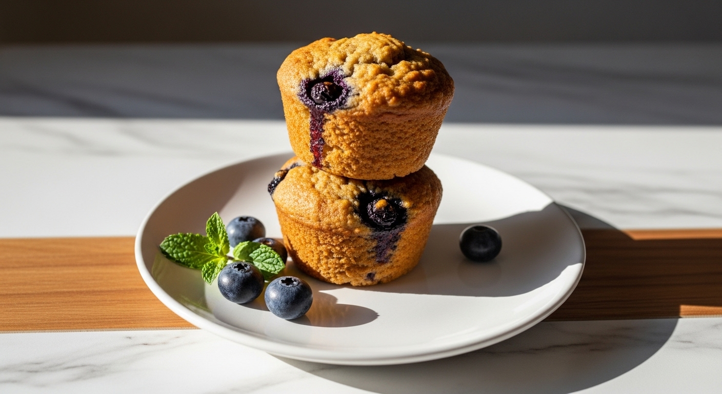 A beautifully composed 16:9 hero shot of golden brown banana blueberry almond flour muffins, two muffins artfully stacked on a minimalist white plate, with a few fresh blueberries and a sprig of mint next to them. The scene is bathed in natural morning light, casting soft shadows on the marble countertop with a subtle wood accent visible. The presentation is clean and tidy, evoking a warm and inviting feeling.