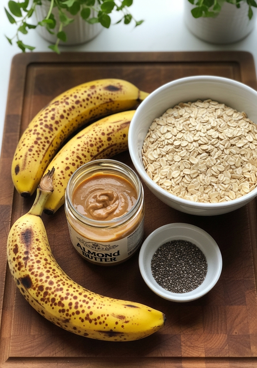 A rustic 3:4 overhead shot of the key ingredients laid out on the wooden cutting board: very ripe, spotty bananas, a bowl of rolled oats, a jar of almond butter, and a small dish of chia seeds. Natural morning light illuminates the scene, creating soft shadows. Fresh herbs are subtly visible in the background, reinforcing a clean, tidy, and warm kitchen atmosphere.