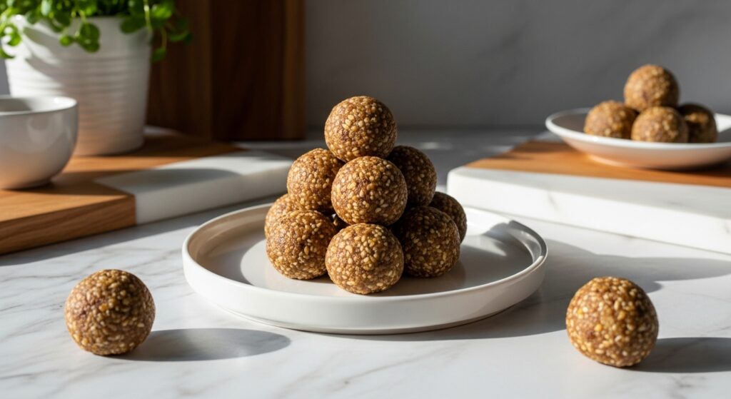 A beautifully composed 16:9 hero shot of a small pyramid of mouth-watering banana bread energy balls on a minimalist white plate, placed on marble countertops with wood accents. Natural morning light casts soft shadows. Fresh herbs are visible in a small pot in the background. The scene is clean, tidy, and exudes warm tones.