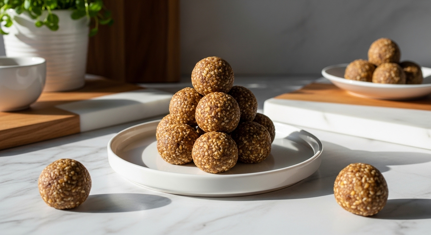 A beautifully composed 16:9 hero shot of a small pyramid of mouth-watering banana bread energy balls on a minimalist white plate, placed on marble countertops with wood accents. Natural morning light casts soft shadows. Fresh herbs are visible in a small pot in the background. The scene is clean, tidy, and exudes warm tones.