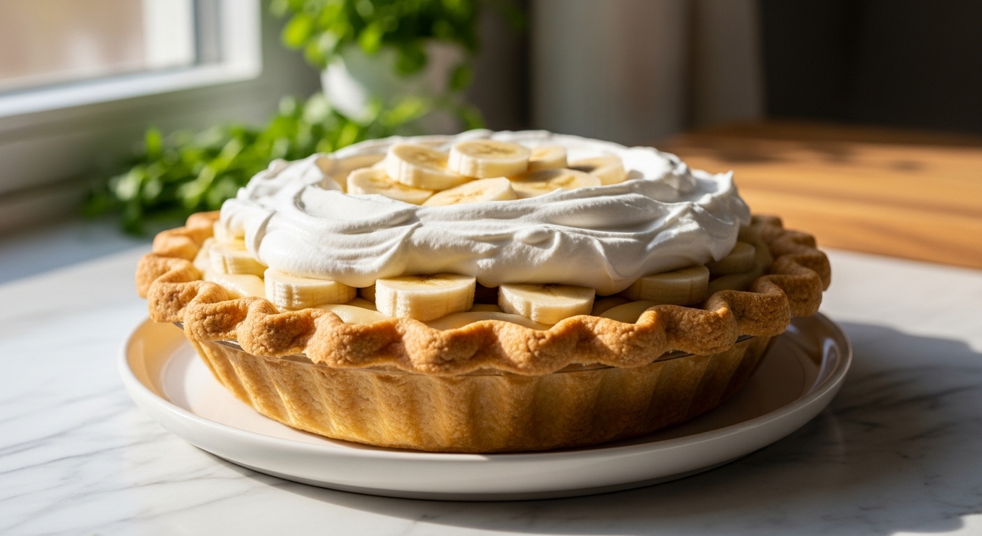 A delicious, whole homemade Banana Cream Pie on a minimalist white plate, generously topped with piped whipped cream and fresh banana slices, showcasing a golden-brown, flaky crimped crust. The pie is set on a marble countertop with subtle wood accents in the background, bathed in soft natural morning light from an east window. Fresh green herbs are visible softly blurred in the background, adding a touch of vibrant color. The presentation is clean, tidy, with warm tones and inviting shadows, emphasizing its insanely yummy appeal.