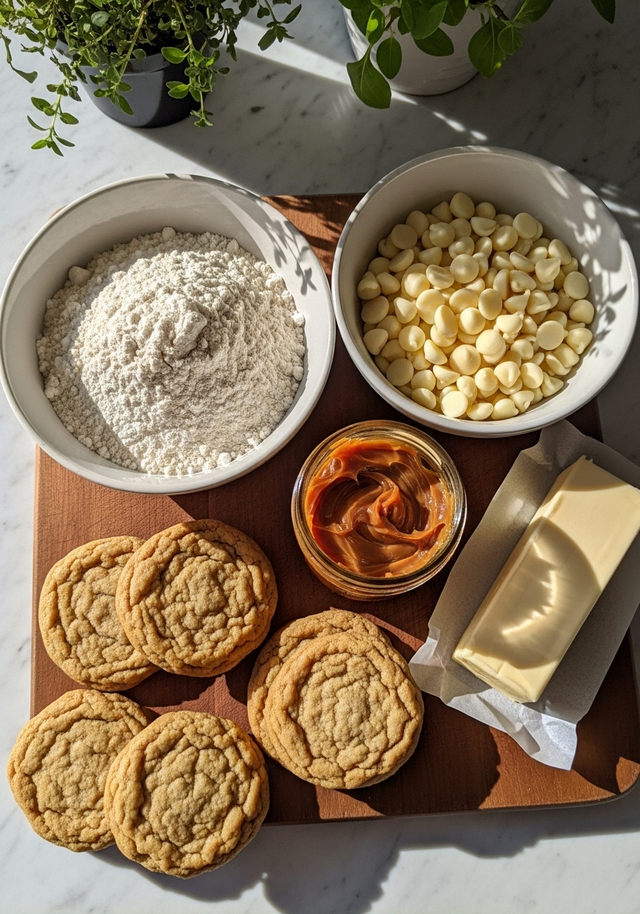An inviting, close-up overhead shot of the key ingredients for Banoffee Pie Cookies laid out on the wooden cutting board, on a marble countertop. Visible ingredients include a bowl of all-purpose flour, white chocolate chips in a ceramic bowl, dulce de leche in a small jar, and a stick of butter. The scene is bathed in natural morning light, creating warm tones and soft shadows. Fresh herbs are subtly visible in the background, hinting at a lived-in kitchen. No hands.