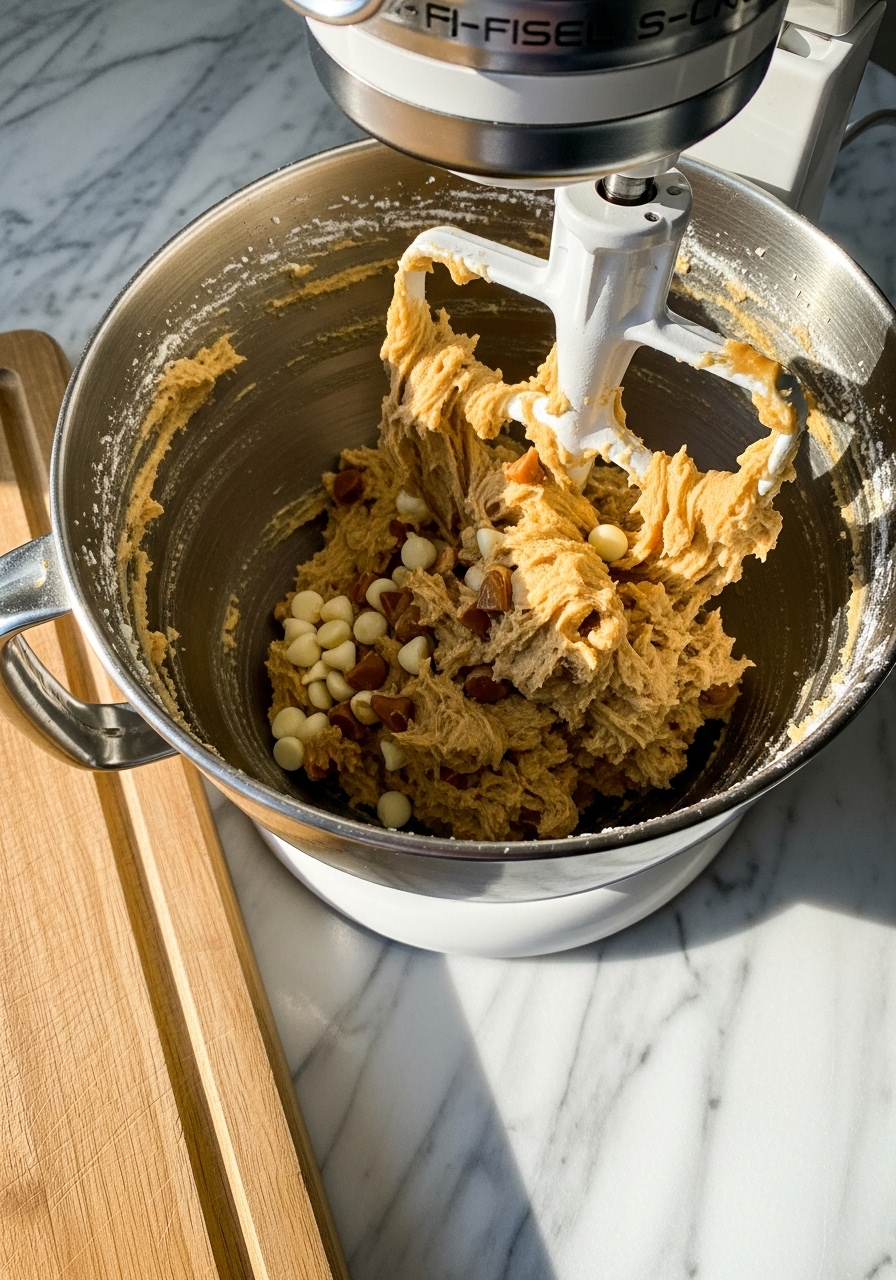 An action shot focusing on the mixing process for Banoffee Pie Cookie dough. A stand mixer bowl on a marble countertop, filled with creamy, golden-brown cookie dough, showing white chocolate chips and toffee bits starting to be incorporated. The mixer paddle is visible but the scene is static, capturing the rich texture of the dough. The wooden cutting board is partially visible in the foreground, illuminated by natural morning light, creating a clean and tidy presentation. No hands.