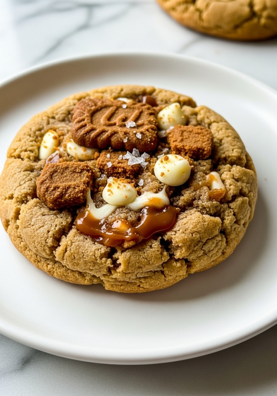 A super close-up detail shot of a single, perfectly baked Banoffee Pie Cookie on a minimalist white plate, showing its golden-brown exterior, chewy texture, and the delicious melty white chocolate chips, toffee bits, and crushed biscuit topping. A subtle hint of flaky sea salt sparkles on top. The cookie is beautifully imperfect, showcasing its homemade charm. Shot on a marble countertop with soft, natural morning light and warm tones, creating an insanely yummy appeal. No hands.