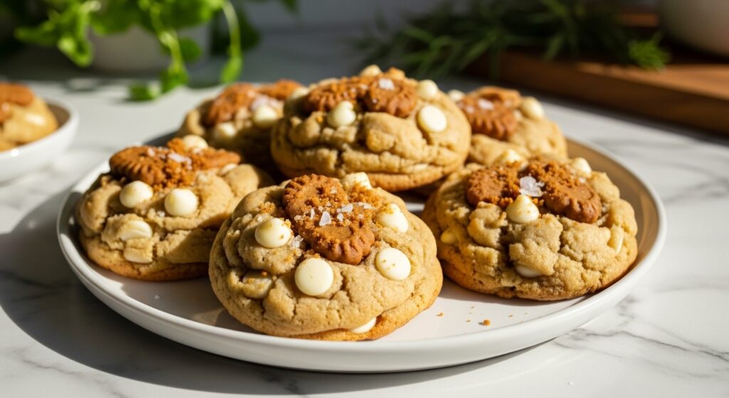 A delicious, mouth-watering arrangement of freshly baked Banoffee Pie Cookies on a minimalist white plate, generously studded with white chocolate chips, toffee bits, and a sprinkle of crushed biscuits, with a hint of flaky sea salt. The cookies are golden-brown, thick, and perfectly round, showing a soft, chewy texture. Shot on marble countertops with subtle wood accents in the background, bathed in soft, natural morning light, casting warm tones and gentle shadows. Fresh green herbs are visible in the soft-focus background, maintaining a clean and tidy yet lived-in feel. No hands.