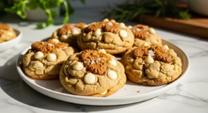 A delicious, mouth-watering arrangement of freshly baked Banoffee Pie Cookies on a minimalist white plate, generously studded with white chocolate chips, toffee bits, and a sprinkle of crushed biscuits, with a hint of flaky sea salt. The cookies are golden-brown, thick, and perfectly round, showing a soft, chewy texture. Shot on marble countertops with subtle wood accents in the background, bathed in soft, natural morning light, casting warm tones and gentle shadows. Fresh green herbs are visible in the soft-focus background, maintaining a clean and tidy yet lived-in feel. No hands.