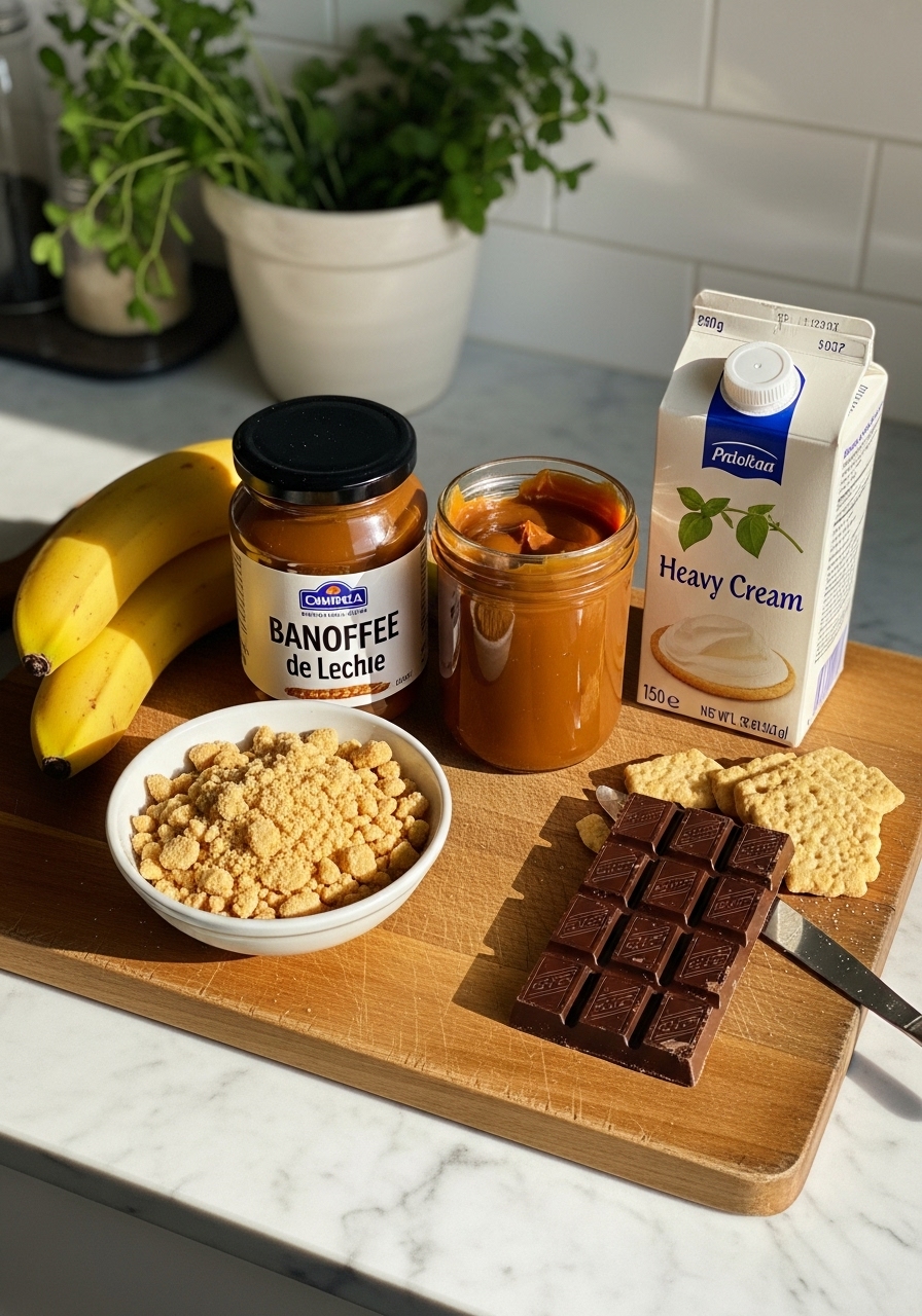 A beautifully composed flat lay of key ingredients for Banoffee Pie: ripe bananas, golden-brown crushed biscuits, a jar of luscious homemade dulce de leche, a carton of heavy cream, and a dark chocolate bar. These are arranged appealingly on the wooden cutting board, next to a marble countertop, with natural morning light and soft shadows, fresh herbs in a ceramic bowl in the background, creating a clean and tidy presentation. No visible hands.